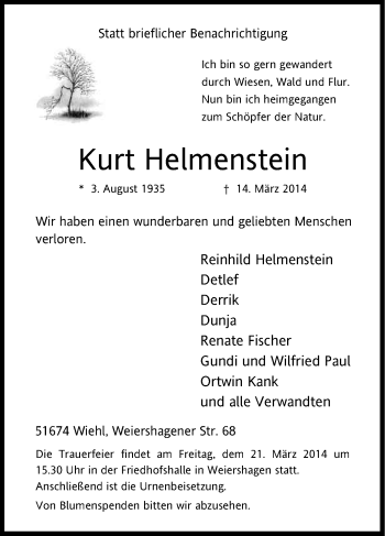 Anzeige von Kurt Helmenstein von Kölner Stadt-Anzeiger / Kölnische Rundschau / Express