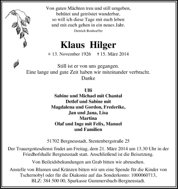 Anzeige von Klaus Hilger von Kölner Stadt-Anzeiger / Kölnische Rundschau / Express