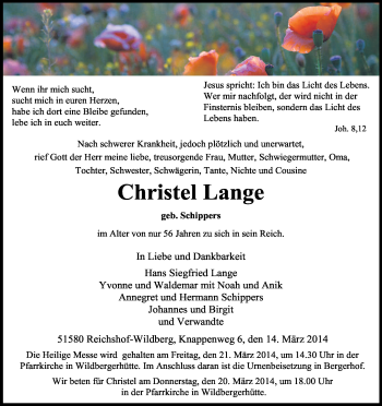 Anzeige von Christel Lange von Kölner Stadt-Anzeiger / Kölnische Rundschau / Express
