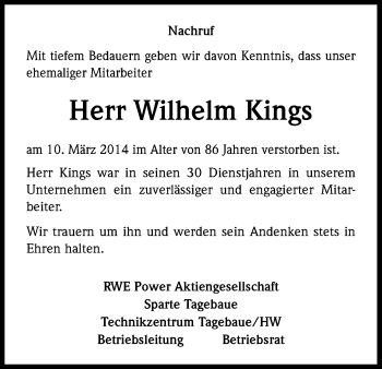 Anzeige von Wilhelm Kings von Kölner Stadt-Anzeiger / Kölnische Rundschau / Express