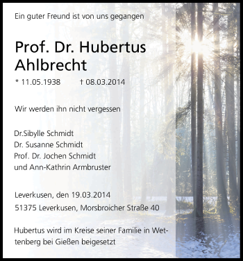Anzeige von Hubertus Ahlbrecht von Kölner Stadt-Anzeiger / Kölnische Rundschau / Express