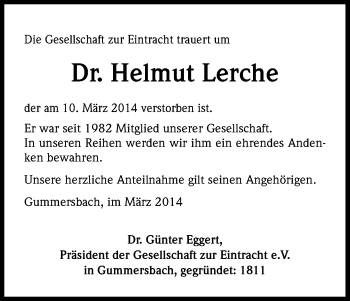 Anzeige von Helmut Lerche von Kölner Stadt-Anzeiger / Kölnische Rundschau / Express