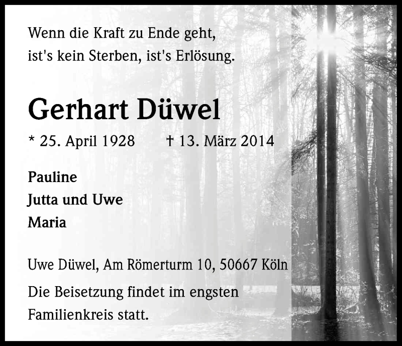  Traueranzeige für Gerhart Düwel vom 22.03.2014 aus Kölner Stadt-Anzeiger / Kölnische Rundschau / Express