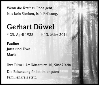 Anzeige von Gerhart Düwel von Kölner Stadt-Anzeiger / Kölnische Rundschau / Express