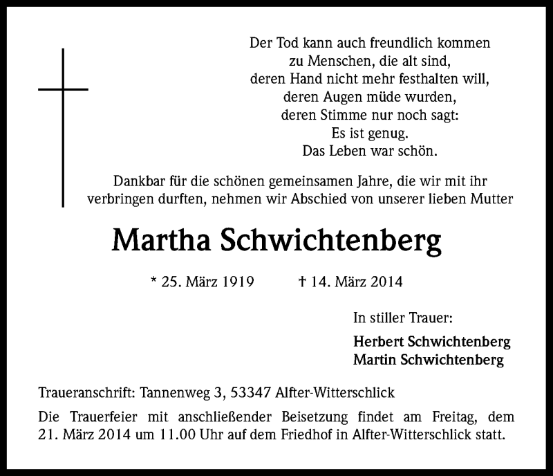  Traueranzeige für Martha Schwichtenberg vom 19.03.2014 aus Kölner Stadt-Anzeiger / Kölnische Rundschau / Express