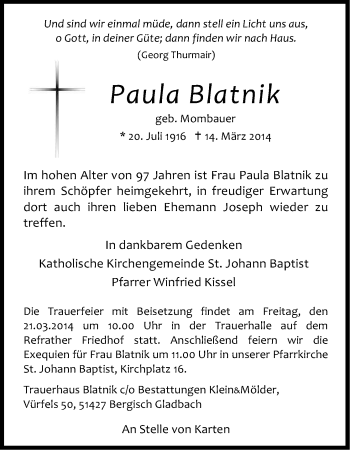 Anzeige von Paula Blatnik von Kölner Stadt-Anzeiger / Kölnische Rundschau / Express