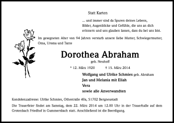 Anzeige von Dorothea Abraham von Kölner Stadt-Anzeiger / Kölnische Rundschau / Express