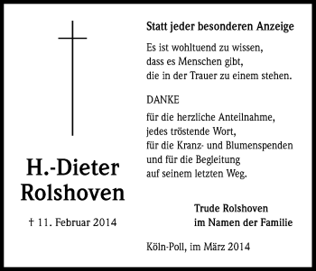Anzeige von Dieter Rolshoven von Kölner Stadt-Anzeiger / Kölnische Rundschau / Express