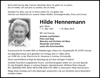 Anzeige von Hilde Hennemann von Kölner Stadt-Anzeiger / Kölnische Rundschau / Express