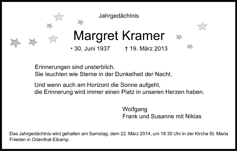  Traueranzeige für Margret Kramer vom 19.03.2014 aus Kölner Stadt-Anzeiger / Kölnische Rundschau / Express
