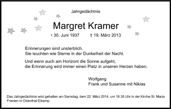 Anzeige von Margret Kramer von Kölner Stadt-Anzeiger / Kölnische Rundschau / Express