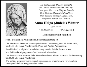 Anzeige von Anna Helga Winter von Kölner Stadt-Anzeiger / Kölnische Rundschau / Express
