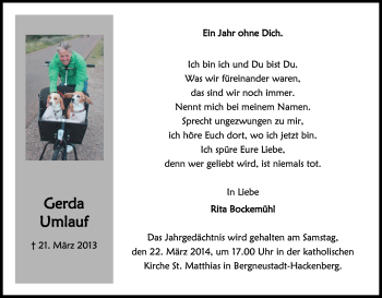Anzeige von Gerda Umlauf von Kölner Stadt-Anzeiger / Kölnische Rundschau / Express