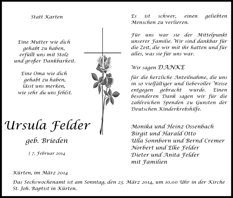  Traueranzeige für Ursula Felder vom 19.03.2014 aus Kölner Stadt-Anzeiger / Kölnische Rundschau / Express