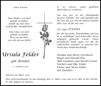 Anzeige von Ursula Felder von Kölner Stadt-Anzeiger / Kölnische Rundschau / Express