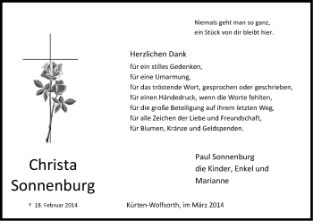 Anzeige von Christa Sonnenburg von Kölner Stadt-Anzeiger / Kölnische Rundschau / Express