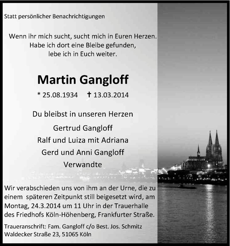  Traueranzeige für Martin Gangloff vom 19.03.2014 aus Kölner Stadt-Anzeiger / Kölnische Rundschau / Express