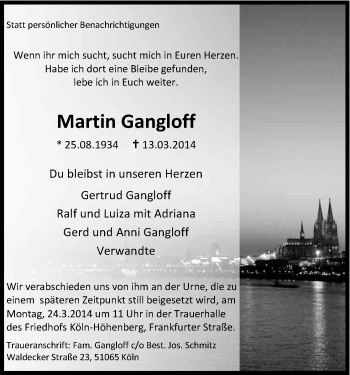 Anzeige von Martin Gangloff von Kölner Stadt-Anzeiger / Kölnische Rundschau / Express