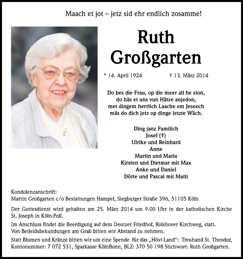  Traueranzeige für Ruth und Josef Großgarten vom 22.03.2014 aus Kölner Stadt-Anzeiger / Kölnische Rundschau / Express