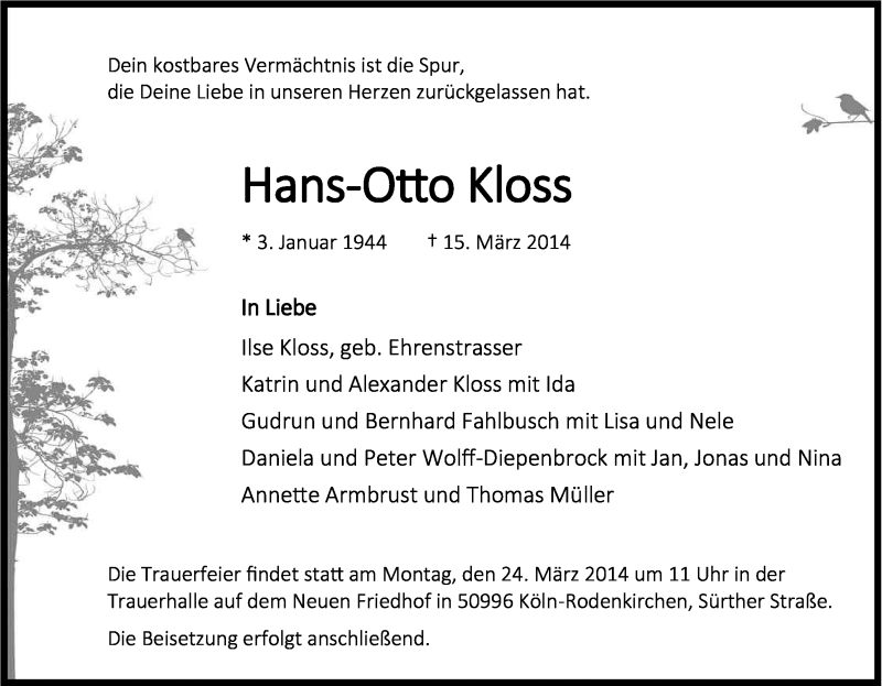  Traueranzeige für Hans-Otto Kloss vom 19.03.2014 aus Kölner Stadt-Anzeiger / Kölnische Rundschau / Express