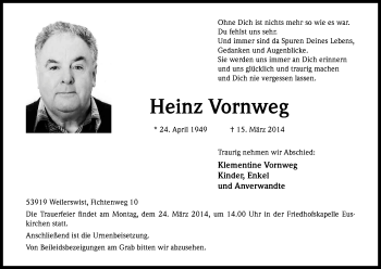 Anzeige von Heinz Vornweg von Kölner Stadt-Anzeiger / Kölnische Rundschau / Express