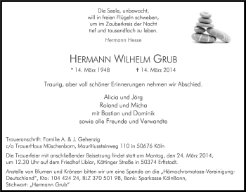 Anzeige von Hermann Wilhelm Grub von Kölner Stadt-Anzeiger / Kölnische Rundschau / Express