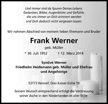 Anzeige von Frank Werner von Kölner Stadt-Anzeiger / Kölnische Rundschau / Express