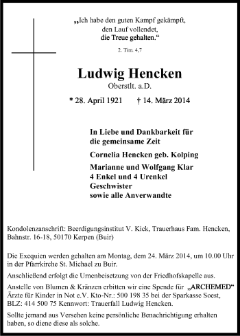 Anzeige von Ludwig Hencken von Kölner Stadt-Anzeiger / Kölnische Rundschau / Express