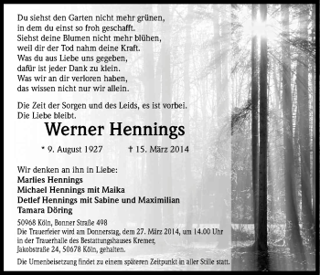 Anzeige von Werner Hennings von Kölner Stadt-Anzeiger / Kölnische Rundschau / Express