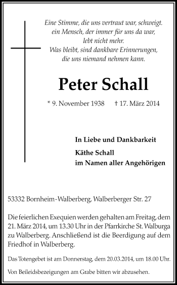Anzeige von Peter Schall von Kölner Stadt-Anzeiger / Kölnische Rundschau / Express
