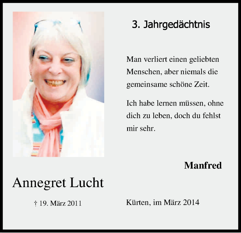  Traueranzeige für Annegret Lucht vom 19.03.2014 aus Kölner Stadt-Anzeiger / Kölnische Rundschau / Express