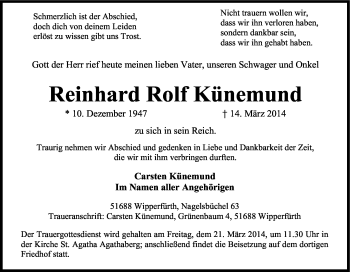 Anzeige von Reinhard Rolf Künemund von Kölner Stadt-Anzeiger / Kölnische Rundschau / Express