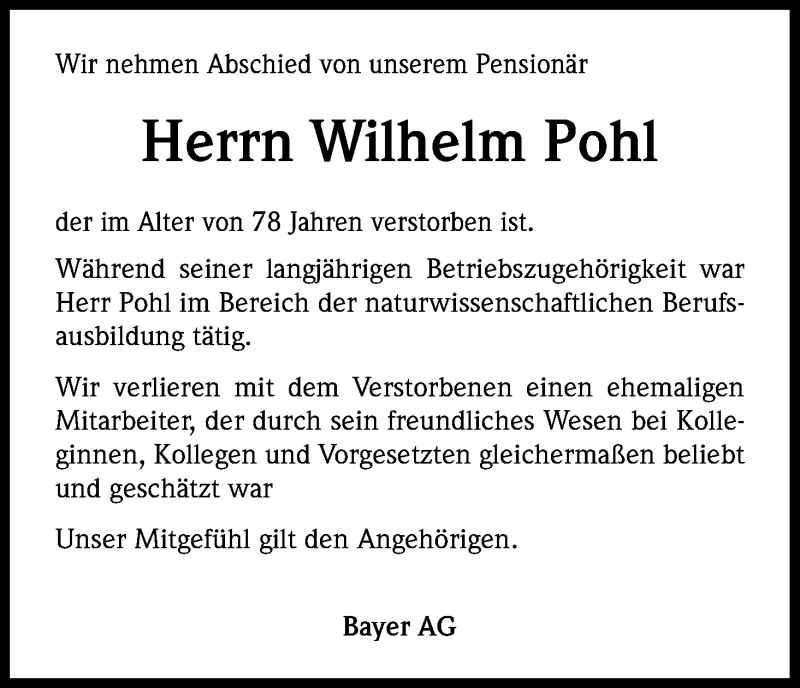  Traueranzeige für Wilhelm Pohl vom 20.03.2014 aus Kölner Stadt-Anzeiger / Kölnische Rundschau / Express