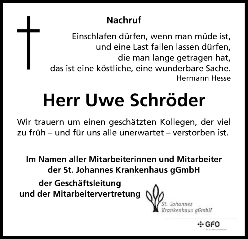  Traueranzeige für Uwe Schröder vom 19.03.2014 aus Kölner Stadt-Anzeiger / Kölnische Rundschau / Express