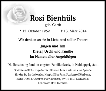 Anzeige von Rosi Bienhüls von Kölner Stadt-Anzeiger / Kölnische Rundschau / Express