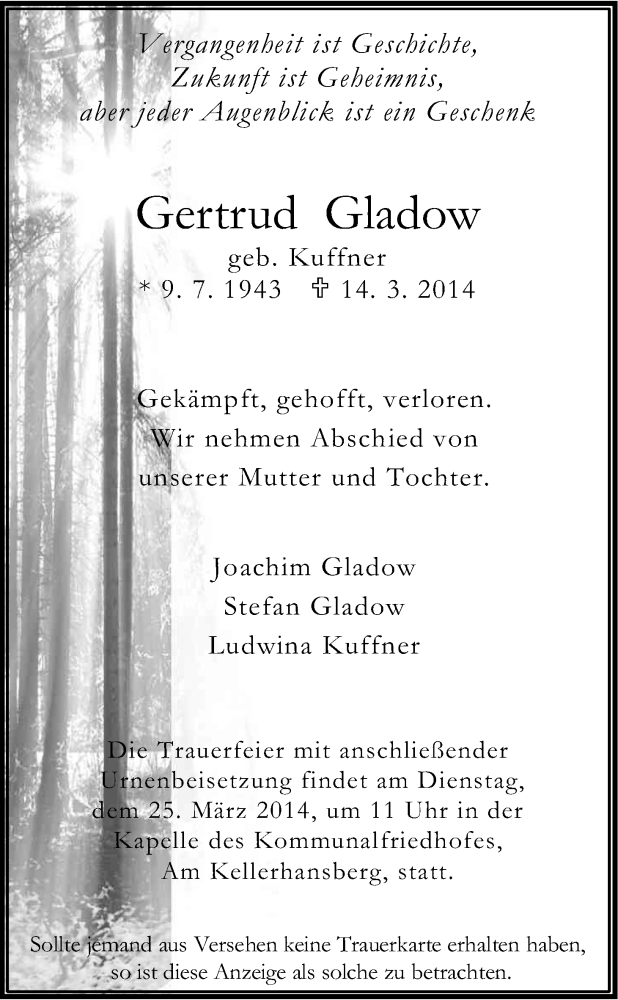  Traueranzeige für Gertrud Gladow vom 22.03.2014 aus Kölner Stadt-Anzeiger / Kölnische Rundschau / Express