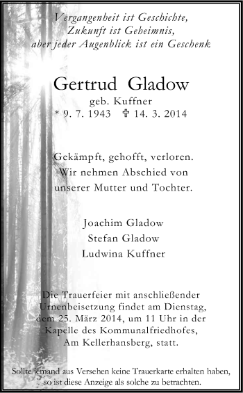 Anzeige von Gertrud Gladow von Kölner Stadt-Anzeiger / Kölnische Rundschau / Express