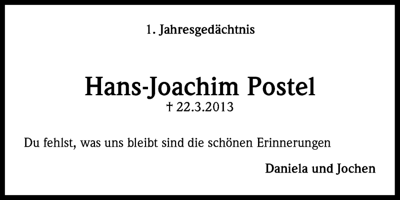  Traueranzeige für Hans-Joachim Postel vom 22.03.2014 aus Kölner Stadt-Anzeiger / Kölnische Rundschau / Express