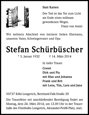 Anzeige von Stefan Schürbüscher von Kölner Stadt-Anzeiger / Kölnische Rundschau / Express