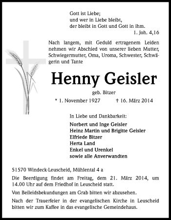 Anzeige von Henny Geisler von Kölner Stadt-Anzeiger / Kölnische Rundschau / Express
