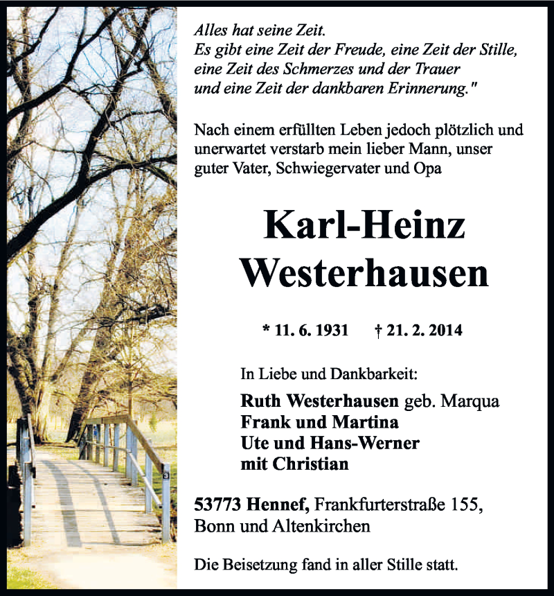  Traueranzeige für Kar l-Heinz Westerhausen vom 19.03.2014 aus Kölner Stadt-Anzeiger / Kölnische Rundschau / Express