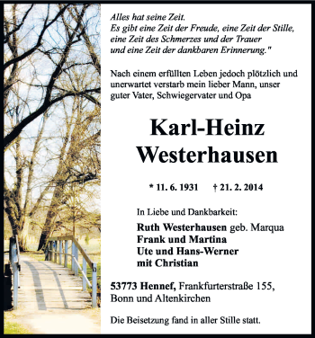 Anzeige von Kar l-Heinz Westerhausen von Kölner Stadt-Anzeiger / Kölnische Rundschau / Express