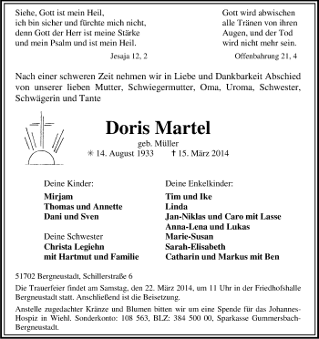 Anzeige von Doris Martel von Kölner Stadt-Anzeiger / Kölnische Rundschau / Express