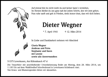 Anzeige von Dieter Wegner von Kölner Stadt-Anzeiger / Kölnische Rundschau / Express