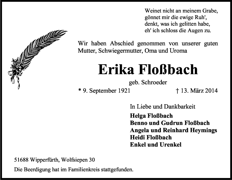  Traueranzeige für Erika Floßbach vom 22.03.2014 aus Kölner Stadt-Anzeiger / Kölnische Rundschau / Express