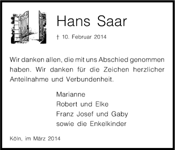 Anzeige von Hans Saar von Kölner Stadt-Anzeiger / Kölnische Rundschau / Express