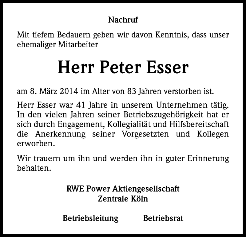  Traueranzeige für Peter Esser vom 20.03.2014 aus Kölner Stadt-Anzeiger / Kölnische Rundschau / Express