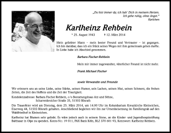Anzeige von Karlheinz Rehbein von Kölner Stadt-Anzeiger / Kölnische Rundschau / Express