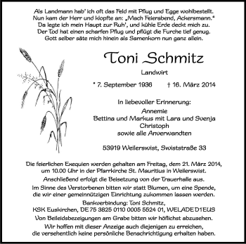 Anzeige von Toni Schmitz von Kölner Stadt-Anzeiger / Kölnische Rundschau / Express
