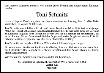 Anzeige von Toni Schmitz von Kölner Stadt-Anzeiger / Kölnische Rundschau / Express